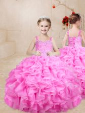  Straps Sleeveless Organza Kids Pageant Dress Beading and Ruffles Lace Up