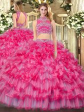 Fancy Coral Red High-neck Backless Beading and Ruffled Layers Quinceanera Gowns Sleeveless