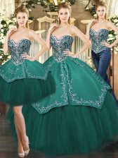 Pretty Dark Green Tulle Lace Up Sweetheart Sleeveless Floor Length Quinceanera Dresses Beading and Appliques