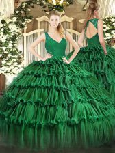  Ball Gowns Quince Ball Gowns Dark Green V-neck Organza Sleeveless Floor Length Zipper
