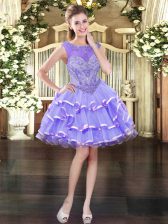 Extravagant Scoop Sleeveless Prom Dresses Mini Length Beading and Ruffled Layers Lavender Organza