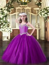 Excellent Eggplant Purple Straps Lace Up Beading Little Girl Pageant Gowns Sleeveless