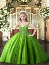  Green V-neck Neckline Beading and Appliques Pageant Dress for Teens Sleeveless Lace Up