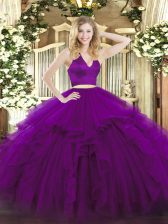 Gorgeous Purple Two Pieces Halter Top Sleeveless Organza Floor Length Zipper Ruffles Quinceanera Dress
