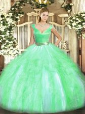 Graceful Apple Green Tulle Zipper Quinceanera Gowns Sleeveless Floor Length Beading and Ruffles