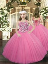  Rose Pink Tulle Lace Up Straps Sleeveless Floor Length Pageant Gowns Beading