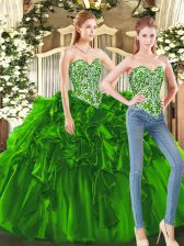  Dark Green Ball Gowns Beading and Ruffles Vestidos de Quinceanera Lace Up Tulle Sleeveless Floor Length