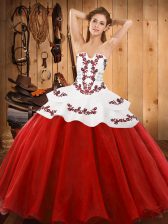 Dramatic Red Tulle Lace Up Sweet 16 Quinceanera Dress Sleeveless Floor Length Embroidery