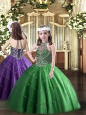  Green Tulle Lace Up Pageant Dress Sleeveless Floor Length Beading