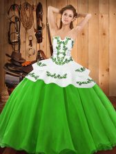 Eye-catching Strapless Sleeveless Ball Gown Prom Dress Floor Length Embroidery Green Satin and Organza