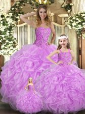 Dynamic Sleeveless Floor Length Beading and Ruffles Lace Up 15 Quinceanera Dress with Lilac