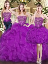  Purple Sleeveless Organza Lace Up Quinceanera Gown for Military Ball and Sweet 16 and Quinceanera