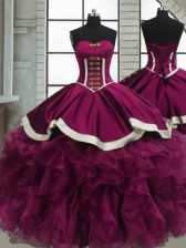 Dazzling Fuchsia Ball Gowns Beading and Ruffles Sweet 16 Quinceanera Dress Lace Up Organza Sleeveless Floor Length