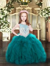  Floor Length Zipper Little Girls Pageant Dress Wholesale Teal for Party and Quinceanera with Beading and Ruffles