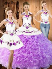 Colorful Fabric With Rolling Flowers Halter Top Sleeveless Lace Up Embroidery 15 Quinceanera Dress in Lilac