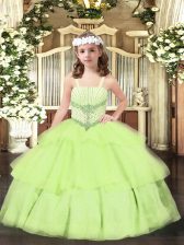  Organza Straps Sleeveless Lace Up Beading and Ruffled Layers Little Girls Pageant Gowns in Yellow Green