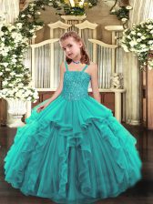 Beautiful Teal Straps Lace Up Beading and Ruffles Little Girls Pageant Dress Wholesale Sleeveless