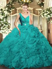  V-neck Sleeveless 15 Quinceanera Dress Floor Length Beading and Ruching Turquoise Fabric With Rolling Flowers