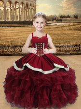 Beading and Ruffles Girls Pageant Dresses Wine Red Lace Up Sleeveless Floor Length