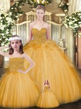  Sleeveless Tulle Floor Length Lace Up Quinceanera Dress in Gold with Beading and Ruffles