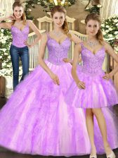 Modest Sleeveless Organza Floor Length Lace Up Quinceanera Dresses in Lilac with Beading and Ruffles