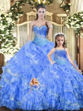  Sleeveless Tulle Floor Length Lace Up 15th Birthday Dress in Baby Blue with Beading and Ruffles and Ruching