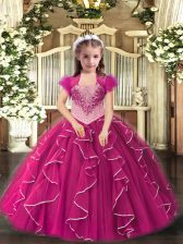  Fuchsia Sleeveless Embroidery and Ruffles Floor Length Pageant Gowns For Girls
