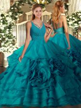Hot Selling Ruffles Quinceanera Dresses Teal Backless Sleeveless With Train Sweep Train