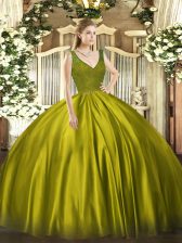 Luxurious Olive Green Zipper V-neck Beading Quinceanera Gowns Taffeta Sleeveless