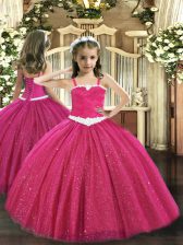  Sleeveless Tulle Floor Length Zipper Glitz Pageant Dress in Hot Pink with Appliques