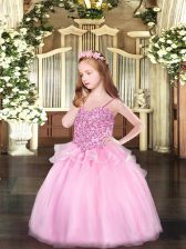 Most Popular Floor Length Pink Winning Pageant Gowns Organza Sleeveless Appliques