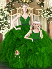  Organza V-neck Sleeveless Zipper Beading and Ruffles Quinceanera Dress in Green