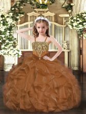  Floor Length Brown Evening Gowns Organza Sleeveless Beading and Ruffles