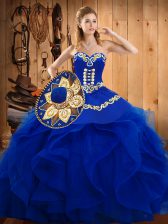  Blue Ball Gowns Organza Sweetheart Sleeveless Embroidery and Ruffles Floor Length Lace Up 15th Birthday Dress