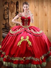 Beautiful Red Ball Gowns Satin and Organza Off The Shoulder Sleeveless Beading and Embroidery Floor Length Lace Up 15th Birthday Dress