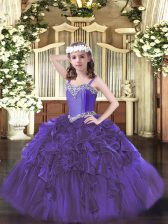 Unique Sleeveless Floor Length Beading and Ruffles Lace Up Pageant Gowns with Purple