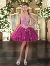 Best Fuchsia Zipper Straps Beading and Ruffles Dress for Prom Organza Sleeveless