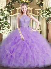 Excellent Sleeveless Tulle Floor Length Backless Vestidos de Quinceanera in Lavender with Beading and Ruffles