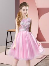  Scoop Sleeveless Prom Dress Knee Length Beading Rose Pink Tulle