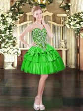 Traditional Green Sleeveless Mini Length Beading and Ruffled Layers Lace Up 