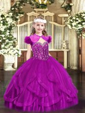 Fuchsia Straps Neckline Beading and Ruffles Glitz Pageant Dress Sleeveless Lace Up