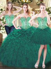  Sleeveless Floor Length Beading and Ruffles Lace Up 15 Quinceanera Dress with Green