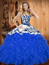 Cheap Blue Ball Gowns Embroidery and Ruffles Quinceanera Dress Lace Up Satin and Organza Sleeveless Floor Length