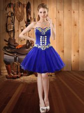  Royal Blue Homecoming Dress Prom and Party with Embroidery Sweetheart Sleeveless Lace Up