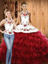 Smart Red Halter Top Lace Up Embroidery and Ruffled Layers 15th Birthday Dress Sleeveless