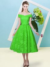  Empire Off The Shoulder Cap Sleeves Lace Tea Length Lace Up Bowknot Dama Dress for Quinceanera