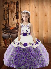 Attractive Multi-color Fabric With Rolling Flowers Lace Up Straps Sleeveless Floor Length Girls Pageant Dresses Embroidery and Ruffles