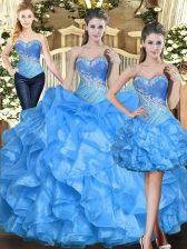  Sleeveless Floor Length Ruffles Lace Up Quinceanera Dress with Baby Blue
