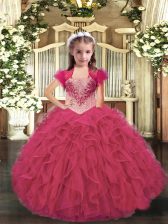  Hot Pink Sleeveless Organza Lace Up Glitz Pageant Dress for Party and Sweet 16 and Quinceanera