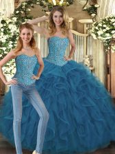  Teal Sweet 16 Quinceanera Dress Military Ball and Sweet 16 and Quinceanera with Beading and Ruffles Sweetheart Sleeveless Lace Up